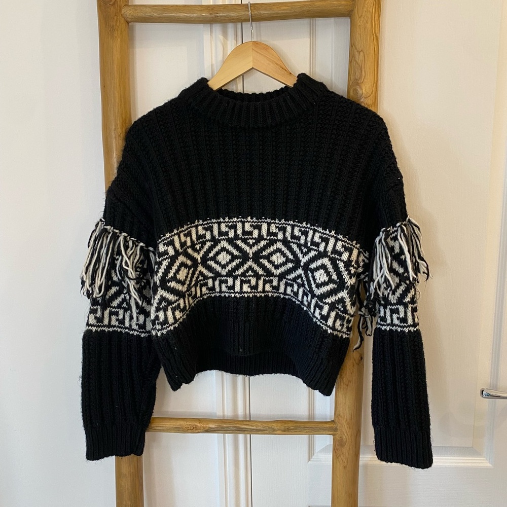 H&M Jacquard Chunky Knit Wool Blend Fringe Trim Sweater Size XS Western Boho